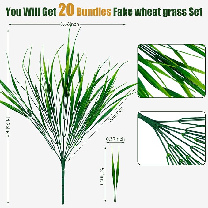 Lnoicy 20pcs Artificial Outdoor Plants, Fake Wheat Grass Greenery Shrubs UV Resistant Faux Plastic Plants Garden Porch Window Box Décor (Grass)