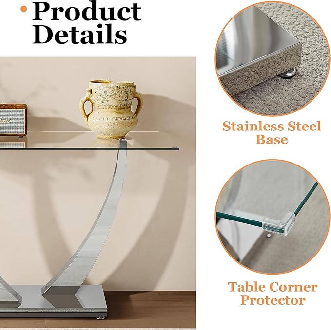 47" Glass Console Table, Modern Rectangular Sofa Table with Tempered Glass Top and Silver Horn-Shaped Stainless Steel Base for Living Room, Entryway, Hallway