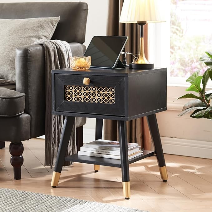 Black Farmhoue Side Table with Charging Station - Small Rustic Nightstand with USB Ports & Outlets, Storage Drawer & Open Shelf, Mid Century Modern Style Furniture for Living Room, Bedroom