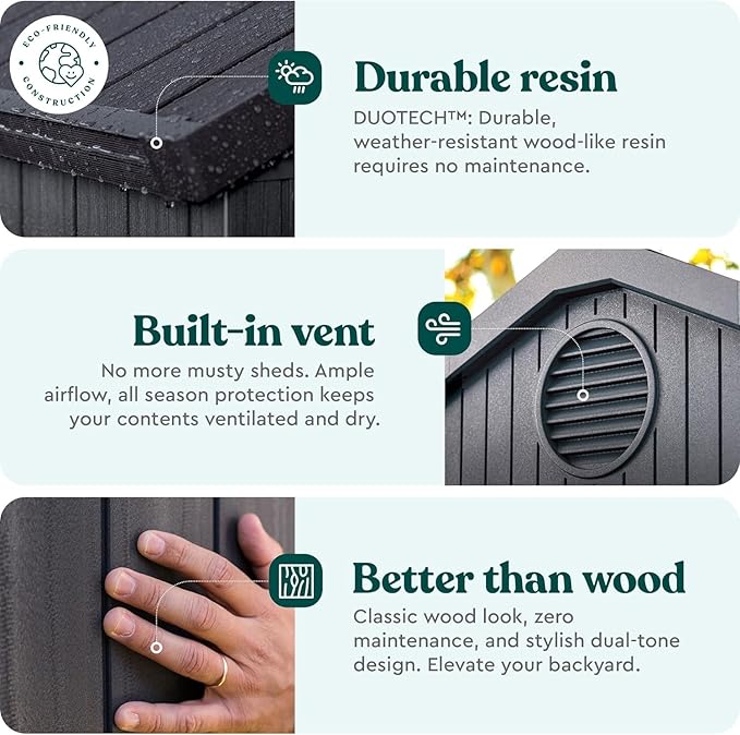 Outdoor Tool Shed 11 x 8.3 Foot Durable Resin Storage Lockable Door, and Ventilation, with Window Planter Boxes, for Garden, Home, Pool，Backyard, Grey