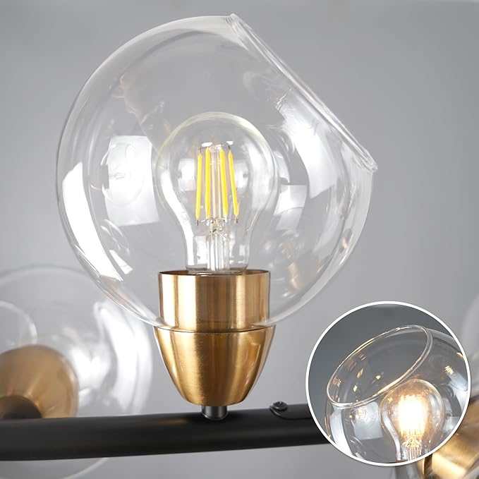 Linear Chandelier for Dining Room 45'' Black and Gold Island Lights Rectangle Dining Room Light Fixture 11-Light Modern Farmhouse Chandelier with Clear Glass Large Mid Century Island Pendant Light