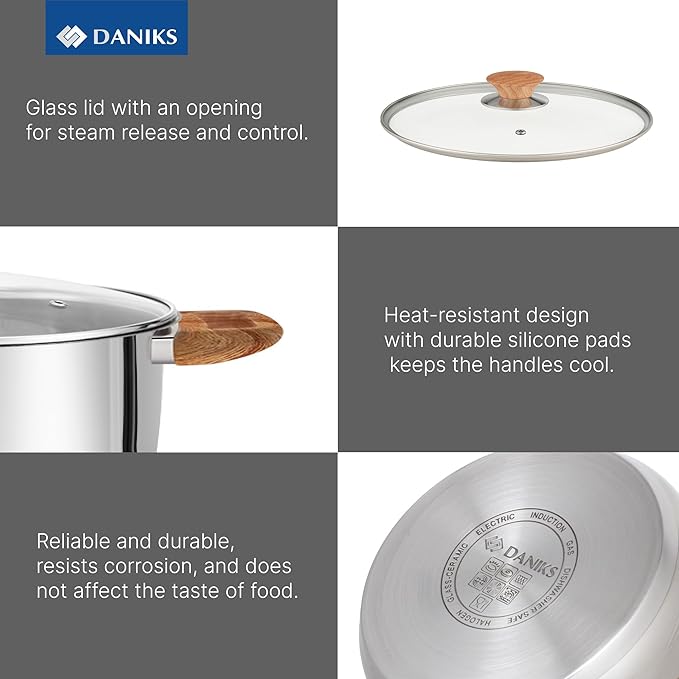 Daniks Oslo 6-Piece Stainless Steel Cookware Set with Glass Lids, Tri-Ply Bases for Even Heating, Induction Compatible, Dishwasher Safe, Bakelite Handles
