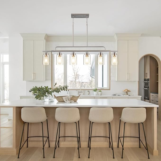 Dining Room Light Fixture - Brushed Nickel 6-Light Farmhouse Chandelier Kitchen Island Lights Fixtures Modern Linear Silvery Chandeliers Hanging Pendant Lighting Over Table