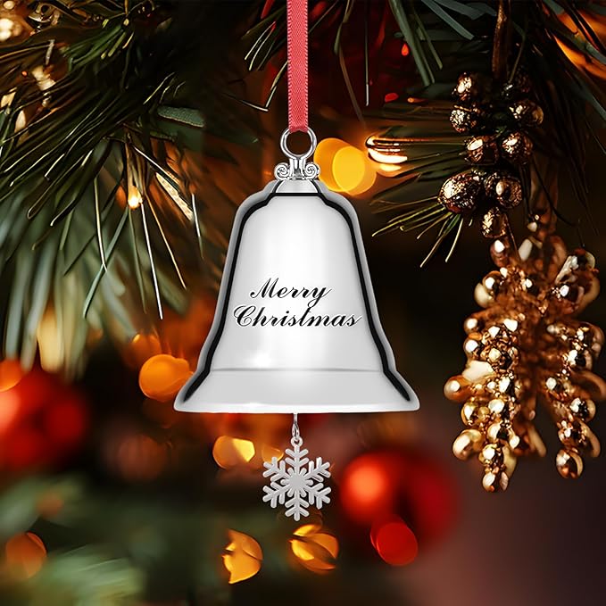 Styleonme Decorative Bells, Christmas Ornaments 2025, Engraved It's Merry Christmas, Silvery Bells Decoration with Pendants Snowflakes