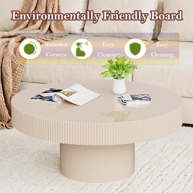 Handcrafted Round Drum Coffee Table Modern Luxury Spacious Fluted Center Table for Small Space - Home Office Apartment (White Thin)
