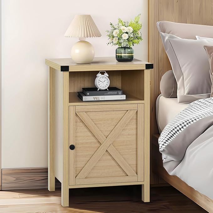 Farmhouse End Table, Nightstand, End Tables with Barn Door and Shelf, Modern Bed Side Table Rustic Nightstands Set for Bedroom, Living Room, Set of 2, Natural