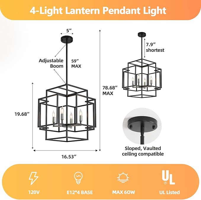 16.5" Farmhouse Chandelier, 4-Light Industrial Ceiling Pendant Light Fixture, Modern Foyer Lighting Fixtures, Dining Room Light Fixtures Over Table, Black and Silver Pendant Lights for Kitchen Island