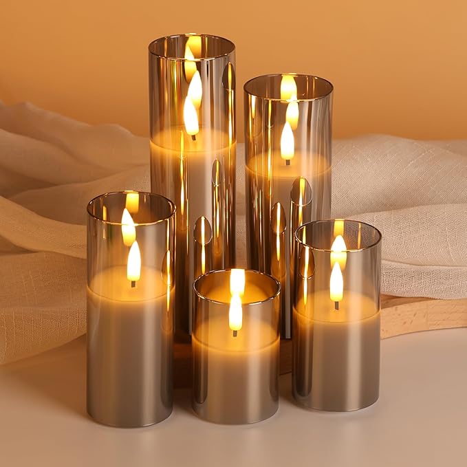 Grey Glass Flameless Candles with Remote Batteries, Flickering Slim Christmas LED Pillar Candles Set of 5