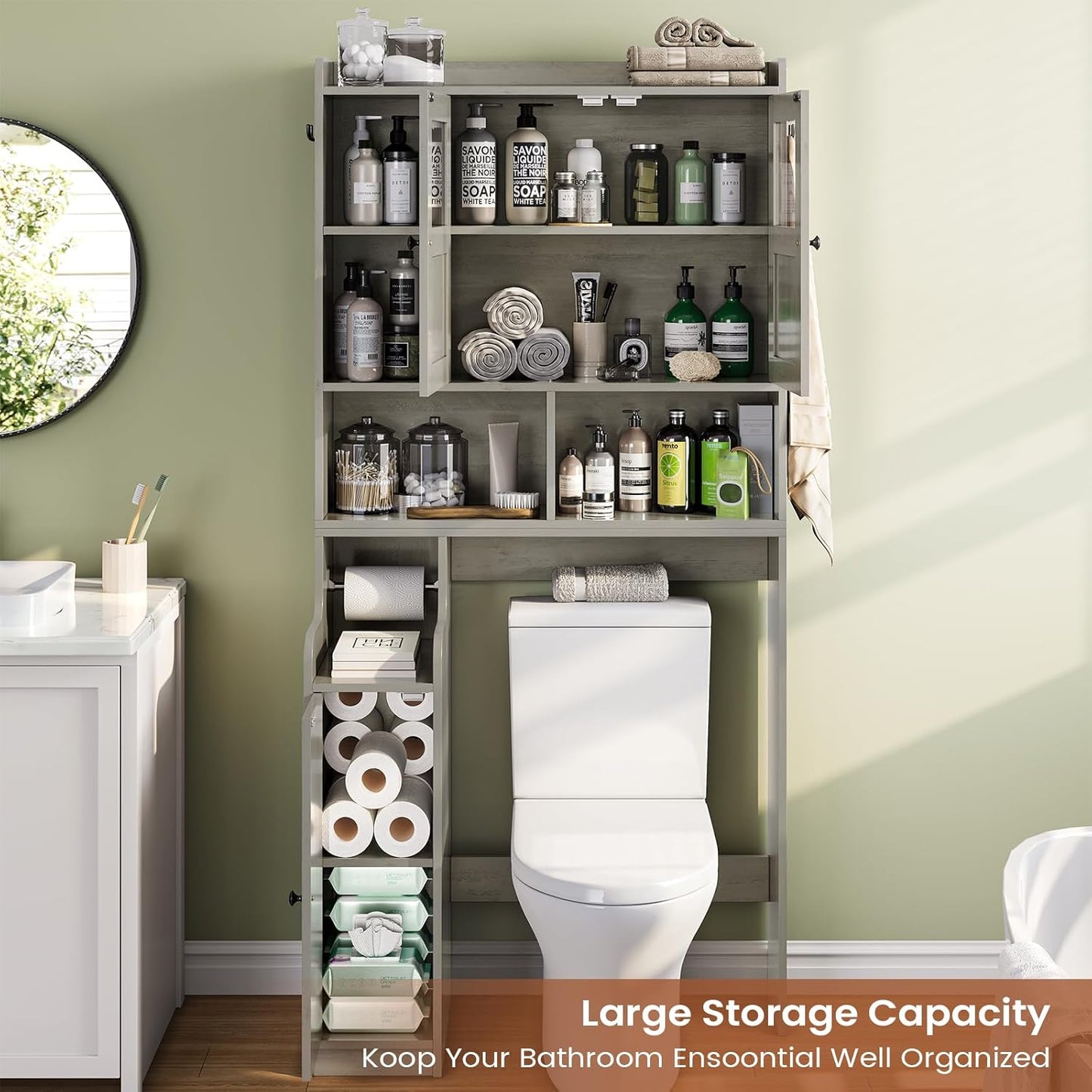 Itaar Over The Toilet Storage Cabinet, Over Toilet Bathroom Organizer with Glass Doors & Toilet Paper Holder Stand, Home Space-Saving Toilet Rack, for Bathroom, Restroom, Laundry, Grey