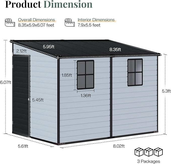 Jocisland 8x6x6 FT Resin Lean to Shed with Floor, Slanted Roof Lockable Outdoor Storage Shed with 2 Windows, Weather-Resistant Plastic Structure for Garden, Backyard, Patio, Lawn – Light Blue & Black