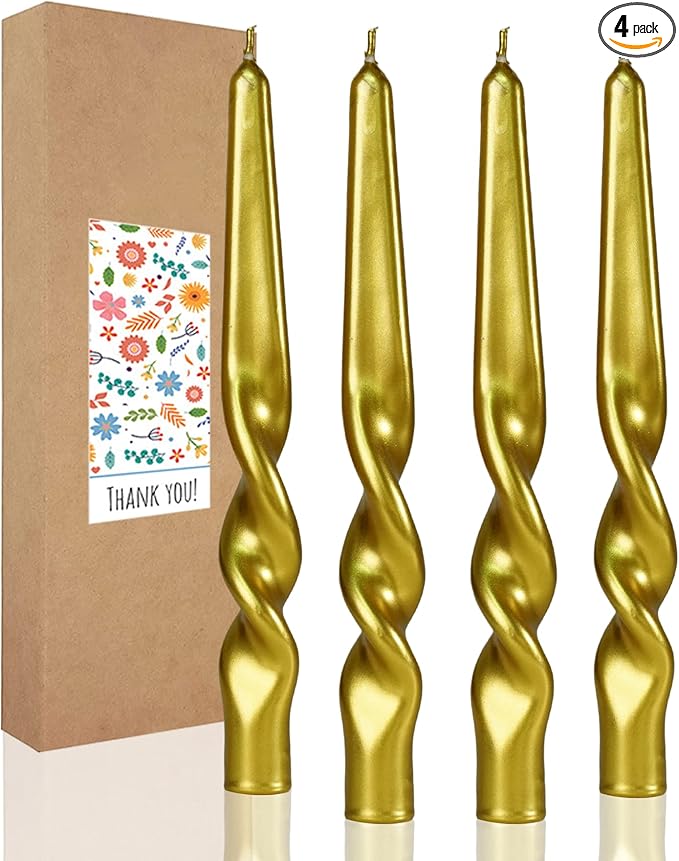 Spiral Taper Candles Twisted Candle Conical Stick Candles for Holiday Wedding Party Wax Unscented Dinner Candle Dripless,Christmas Gift H 10 Inch,4pcs（Gold-A）