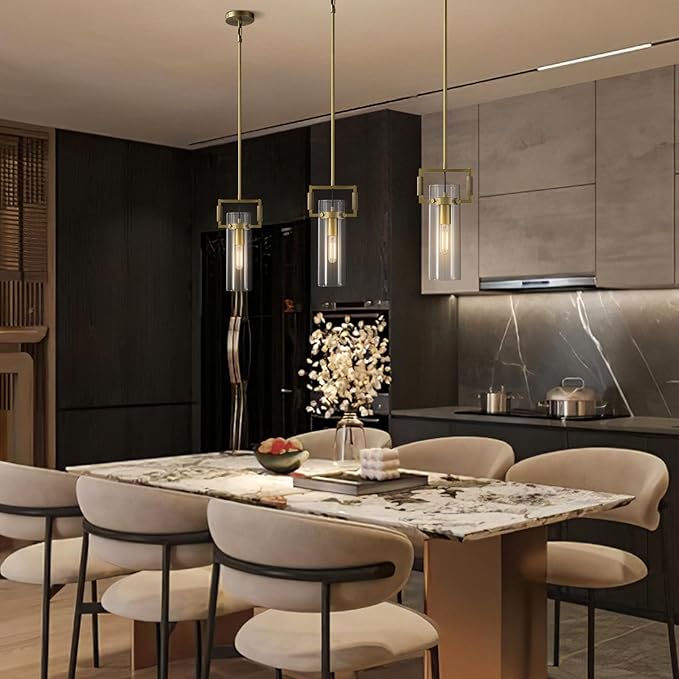 Brass Pendant Lights Kitchen Island, Modern Gold Pendant Lights,12Inch Glass Kitchen Pendant Lighting Over Island,Farmhouse Island Lights for Kitchen,Bathroom,Bedroom