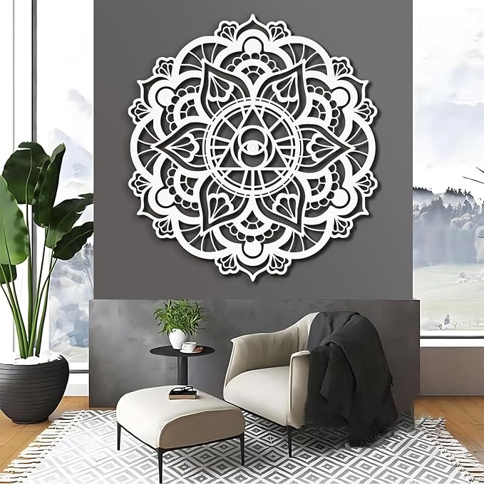 Mandala Eye of Providence Metal Wall Art Sacred Geometry Design, Black and White Abstract Geometric Wall Sculpture for Living Room, Office, Meditation Room (White, 30" x 30" / 76 x 76 cm)