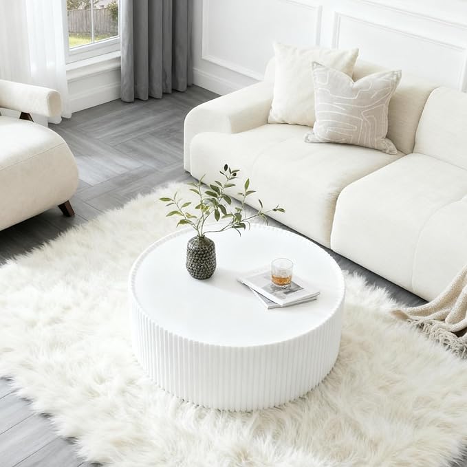 29.52" White Round Coffee Table, Drum Coffee Table with Sintered Stone Tabletop and Fluted PU Leather Covered and Stable Base, Circle Cocktail Tea Table for Living Room