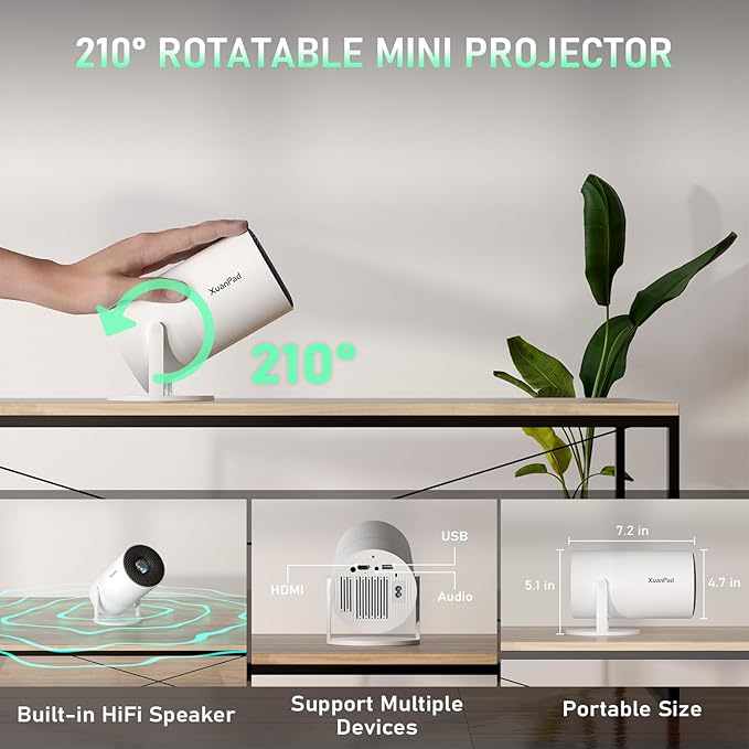 [Officially-Licensed App & Upgrade E-Focus] Projector with WiFi and Bluetooth, XuanPad Full HD 1080P Portable Projector, 210° Rotatable Stand, Auto Keystone, Dust Removal and Heat Dissipation Design