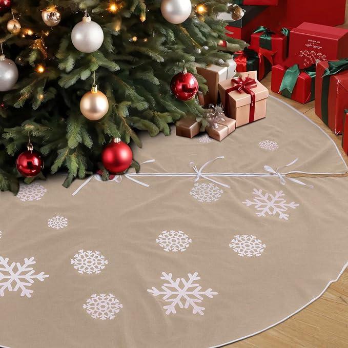 84 Inch Large Christmas Tree Skirt, Burlap Tree Skirt White Snowflake Xmas Mat for Christmas Home Farmhouse Holiday Indoor Outdoor Decoration
