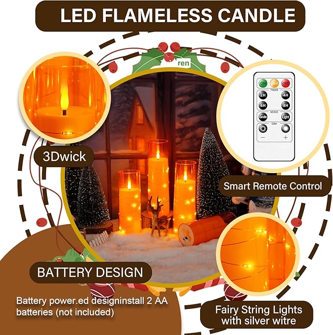 Flameless LED Candles with Timer 9 Pc Flickering Flameless Candles for Romantic Ambiance and Home Decoration Stable Acrylic Shell,with Embedded Star String，Battery Operated Candles（Orange）