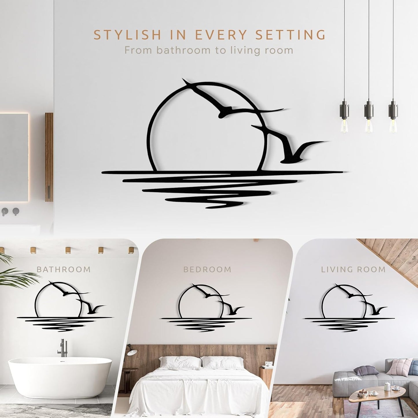 Wita Home Sunset with Seagulls Metal Wall Mounted Art, Handcrafted Metal Home Decor with Static Powder Coating, Eye-Catching Addition to Living Room Decor, Modern Beach Decor for Indoor and Outdoor Spaces, Perfect Housewarming Gift (24 x 12 inches)