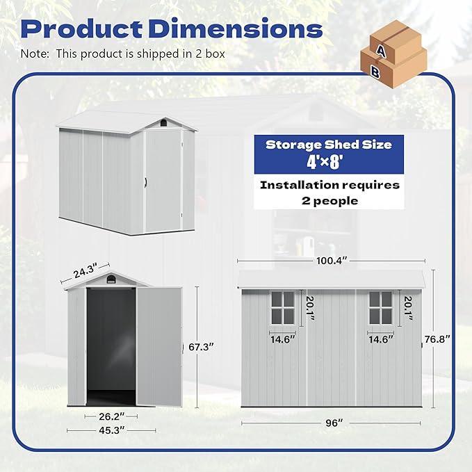 Greesum 4x8FT Plastic Storage Shed with Floor, Resin Outdoor Storaged Sheds with Lockable Door, All Weather Durable Tool Shed with Window and Vent, for Garden, Backyard, Patio, Light Gray