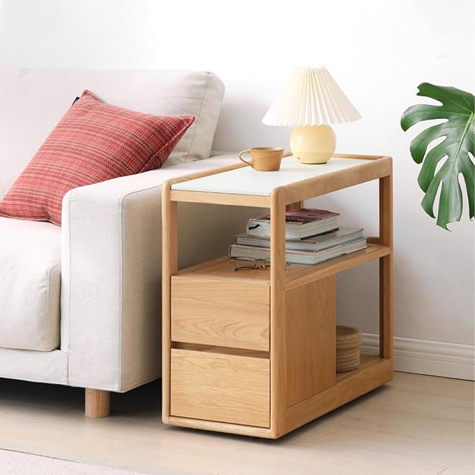 100% Solid Wood Side Table with Wheels, Narrow Side Table with Storage Drawers, Rolling Bedside Table for Bedroom Living Room Space Saving (Natural, 11.81" D x 26.77" W x 23.23" H)