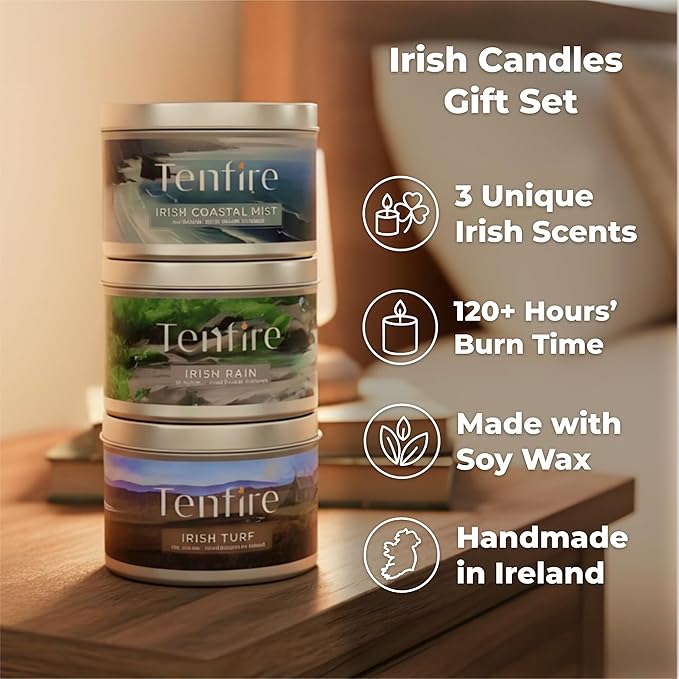 Irish Candles Gift Set of 3 – HandPoured Soy Wax Scented Candles - Irish Turf, Coastal Mist & Rain – 120H Burning, Soy Candle for Home Scented, Best Gift for Relaxation & Home Décor