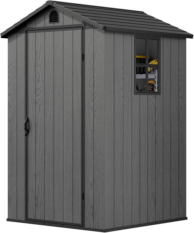 Greesum 4x4FT Plastic Storage Shed with Floor, Resin Outdoor Storaged Sheds with Lockable Door, All Weather Durable Tool Shed with Window and Vent, for Garden, Backyard, Patio, Dark Gray