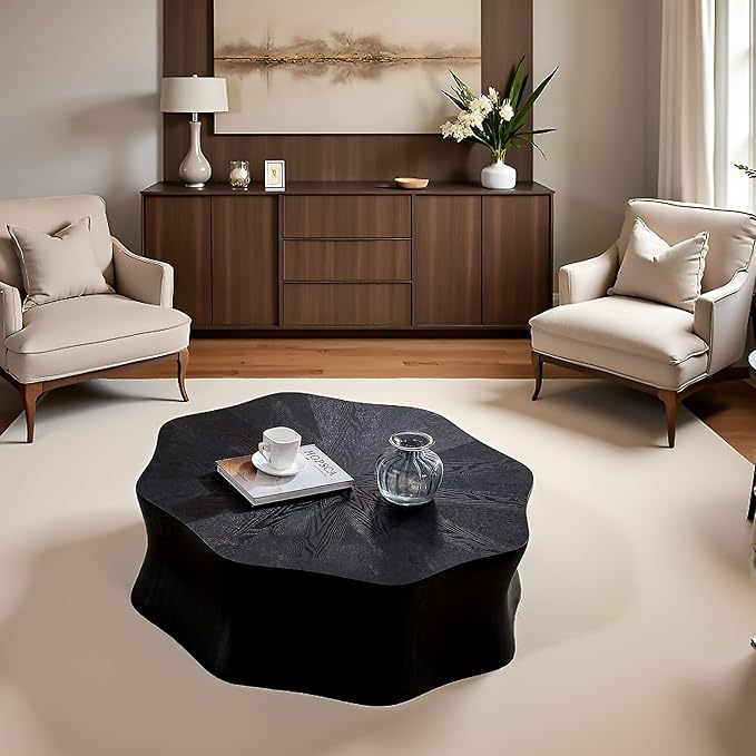 35.4" Square Coffee Table for Small Spaces, Black Flower Petal Design with Sturdy MDF Top, Low Profile Modern Minimalist Accent Center Table for Apartment, Lounge, Office