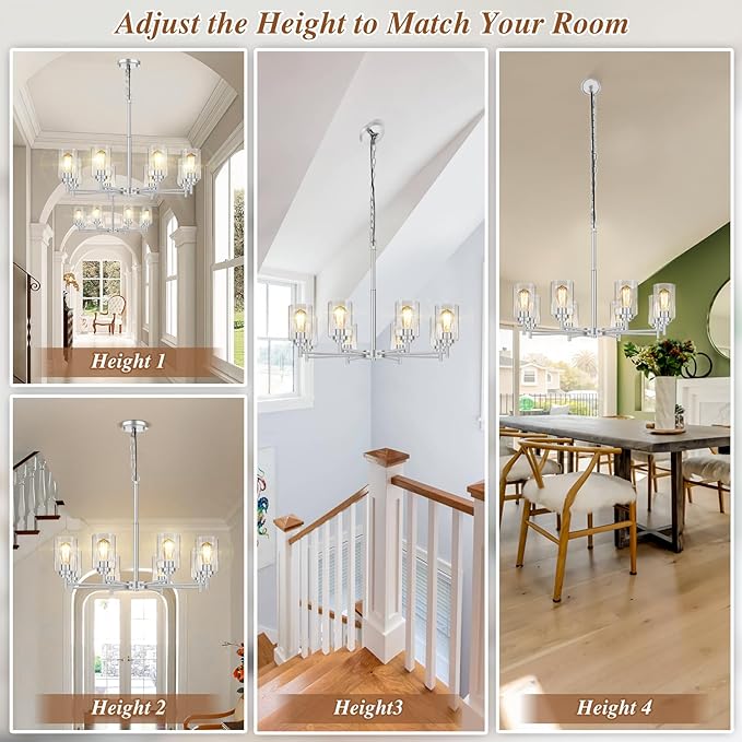 33.5'' 8-Light Chandelier for Dining Room Kitchen Island, Modern Farmhouse Pendant Lighting with Glass Shades Industrial Brushed Nickel Hanging Ceiling Light Fixture for Living Room, Height Adjustable