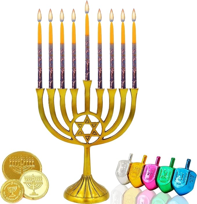The Dreidel Company 10-Pack Dripless Chanukah Hanukkah Candles Decorative Purple, Blue, Orange, with Orange Frosted Stripes, 45 Candles per Box