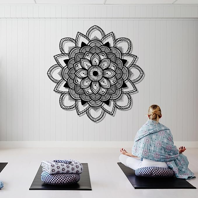 Mandala Wall Decor, Lotus Flower Wall Decor, Large Metal Mandala Wall Art, Lotus Metal, Yoga Wall Art, Spiritual Wall Decor, Meditation Wall Decor, Metal Wall Art for Living Room (Black, 19"x19" | 47x47cm, metal wall art)