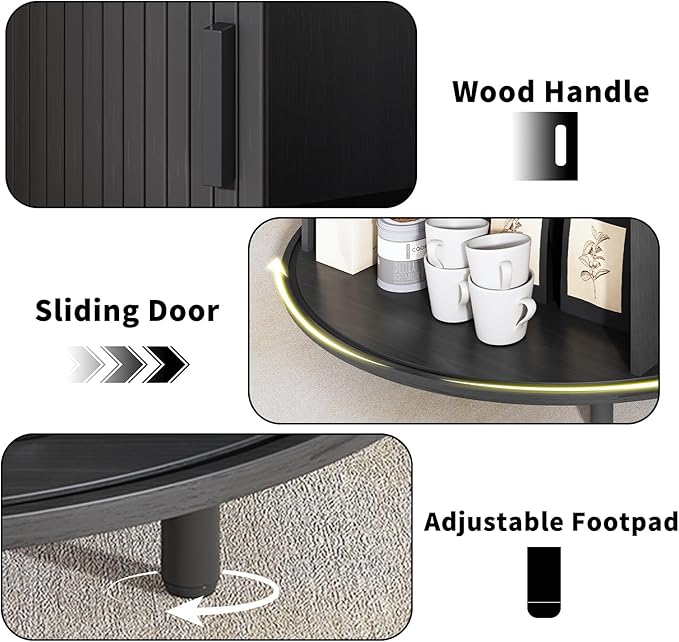 31.5 Inch Round Coffee Table, Fluted Coffee Tables with Storage, Mid-Century Modern Center Tables, Living Room Table with Sliding Door and Wood Handle for Living Room, Black