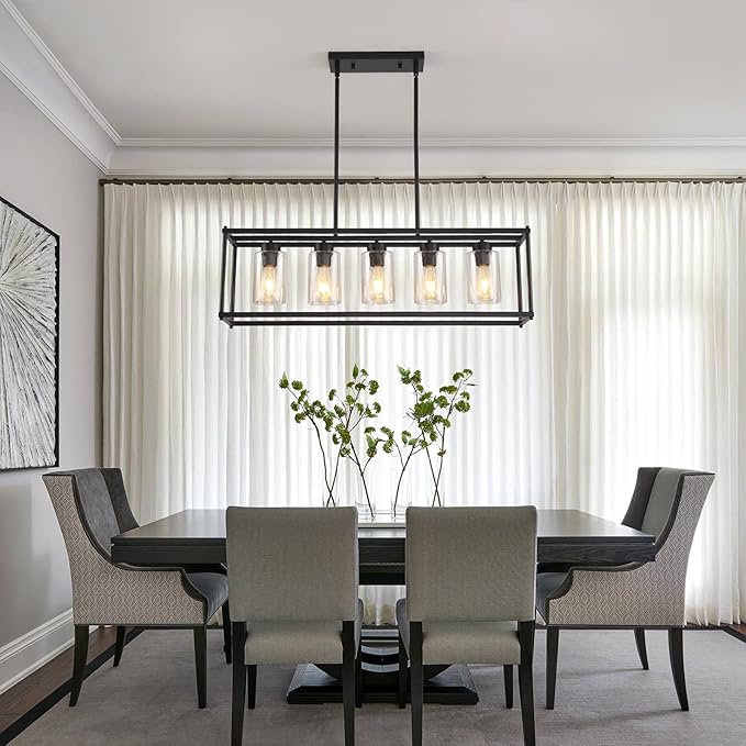 Black Dining Room Light Fixture, 5-Lights Modern Rectangular Chandelier with Clear Glass Shades, Farmhouse Linear Island Lights for Kitchen Pool Table Bar, L35.4