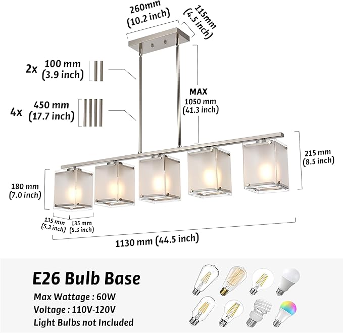 5-Light Chandeliers for Dining Room, Modern Kitchen Island Lighting with Frosted Glass Shade Linear Pendant Lighting for Dining Table Kitchen Island, Adjustable Height