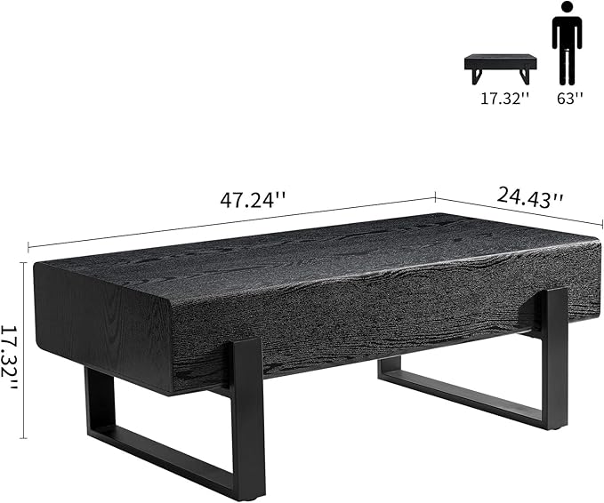 LKTART 47'' Rectangle Coffee Table for Living Room, Marble Pattern Desktop, Stable Metal Tea Table Legs for Dining Room Apartment Small Space (Black)
