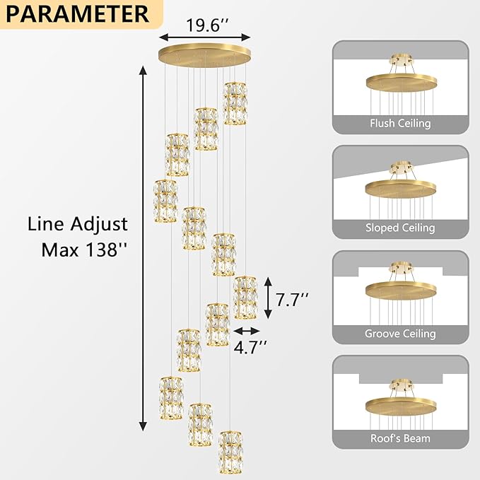 12-Lights Modern Crystal LED Dimmable for Staircase Foyer High Ceiling Chandeliers Hallway Gold