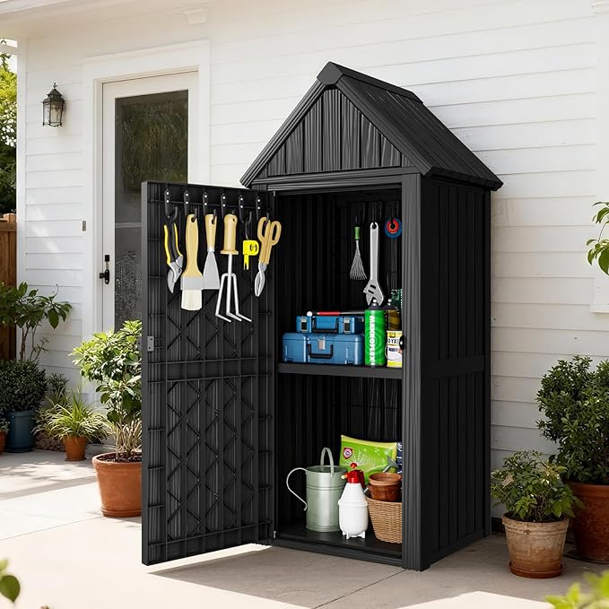 Outdoor Resin Storage Shed, Outdoor Storage Cabinet Waterproof with Hooks and Lock Ring, Multifunctional Storage Shed with Floor and Removable Shelves, All Weather Tool Shed for Patio, Lawn, Gray