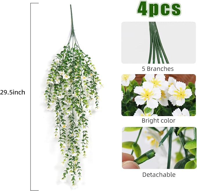 RECUTMS Artificial Hanging Flowers Plants for Outdoors Fake Hanging Plants 4 Pcs UV Resistant Silk Daisy Flower Realistic Faux Trailing Vine for Wall Yard Porch Balcony Indoor Outdoor Planters (White)