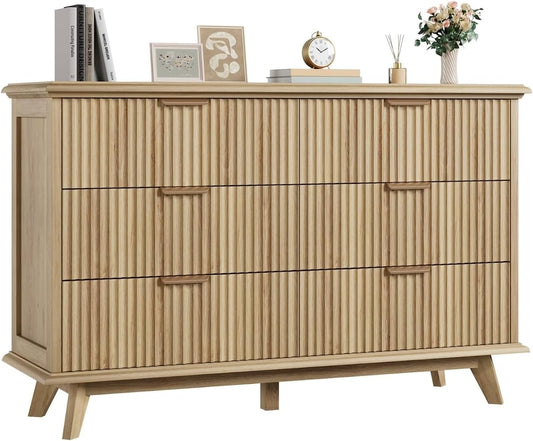 QUW Fluted Dresser for Bedroom with 6 Drawers, 47.2" Wide Modern Chest of Drawers with Metal Handle, Wooden Dresser TV Stand and Closet Clothes Storage Organizer for Living Room, Hallway, Natural Oak