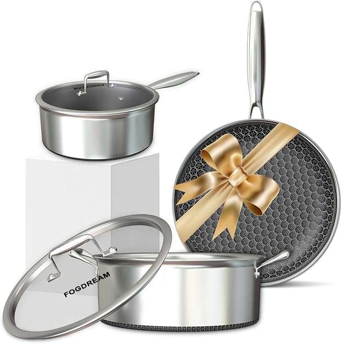 FogDream 5pcs Stainless Steel Cookware, Tri Ply Pots And Pans Set, Non Stick Frying Pans, Soup Pot & Sauce Pan With Tempered Glass Lids, Cool Handles, Dishwasher Safe, Induction Compatible, Silver