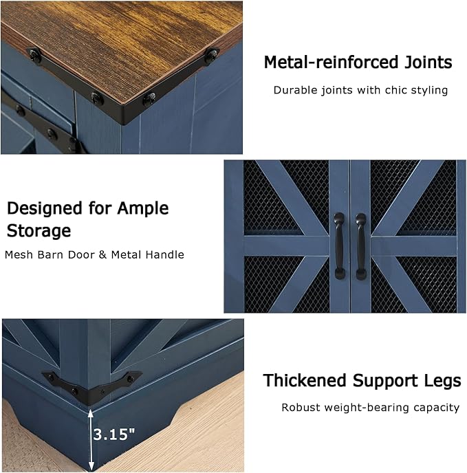 21.1" Farmhouse End Table Set of 2 with Charging Station and Mesh Barn Door, Rustic Wood Nightstand with Storage Shelf for Living Room & Bedroom, Navy Blue