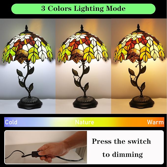 Stained Glass Table Lamp, Maple Leaf Style Metal Leaf Base Desk Reading Light 12X12X19 Inches Decor for Bedroom Living Room Office