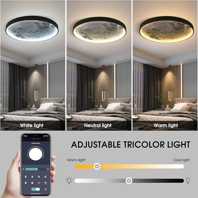 Flush Mount Led Dimmable Ceiling Light Fixture with Remote Control,23.6 "Wall Mounted Decorative Moon Ceiling Light for Bedrooms and Living Rooms.(50W)