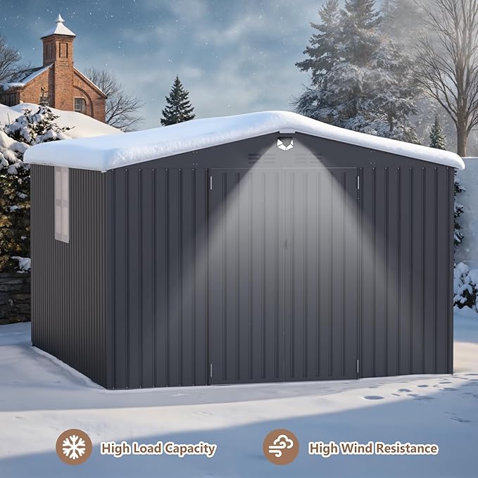 10x12 FT Outdoor Storage Shed, Metal Sheds & Outdoor Storage, Waterproof Sheds with Lockable Doors for Backyard (Black, Lighting Window)