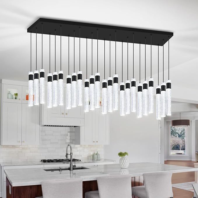Glam Rectangular Crystal Column Chandelier for High Ceiling 24-Lights Black LED Dimmable Pendant Light for Kitchen Island Dining Room Entrance Foyer Living Room Adjustable Height