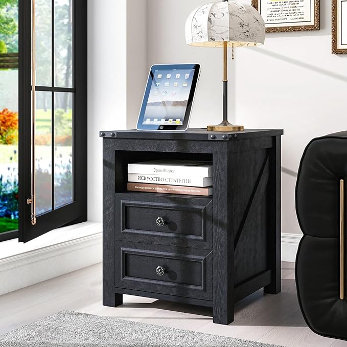MUUEGM Farmhouse End Table with Charging Station, Side Table for Living Room, Sofa Side Table with Drawers and Storage Cabinet, Night Stand for Bedroom, Black, Set of 1