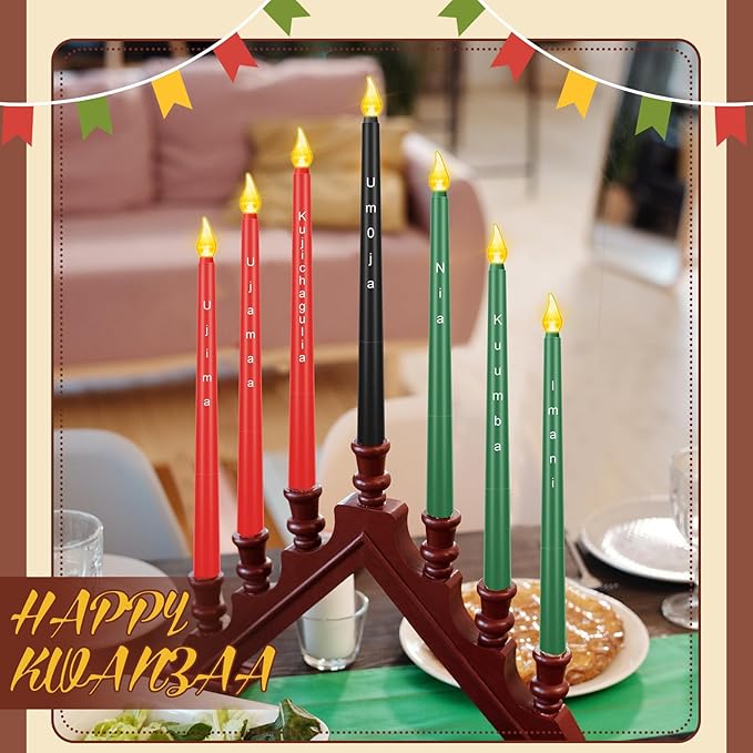 Riakrum 7 Pieces Kwanzaa Candles Set Kwanzaa Flameless Taper Candles Battery Operated for Church Celebration Decoration(10.83 Inches,Words)