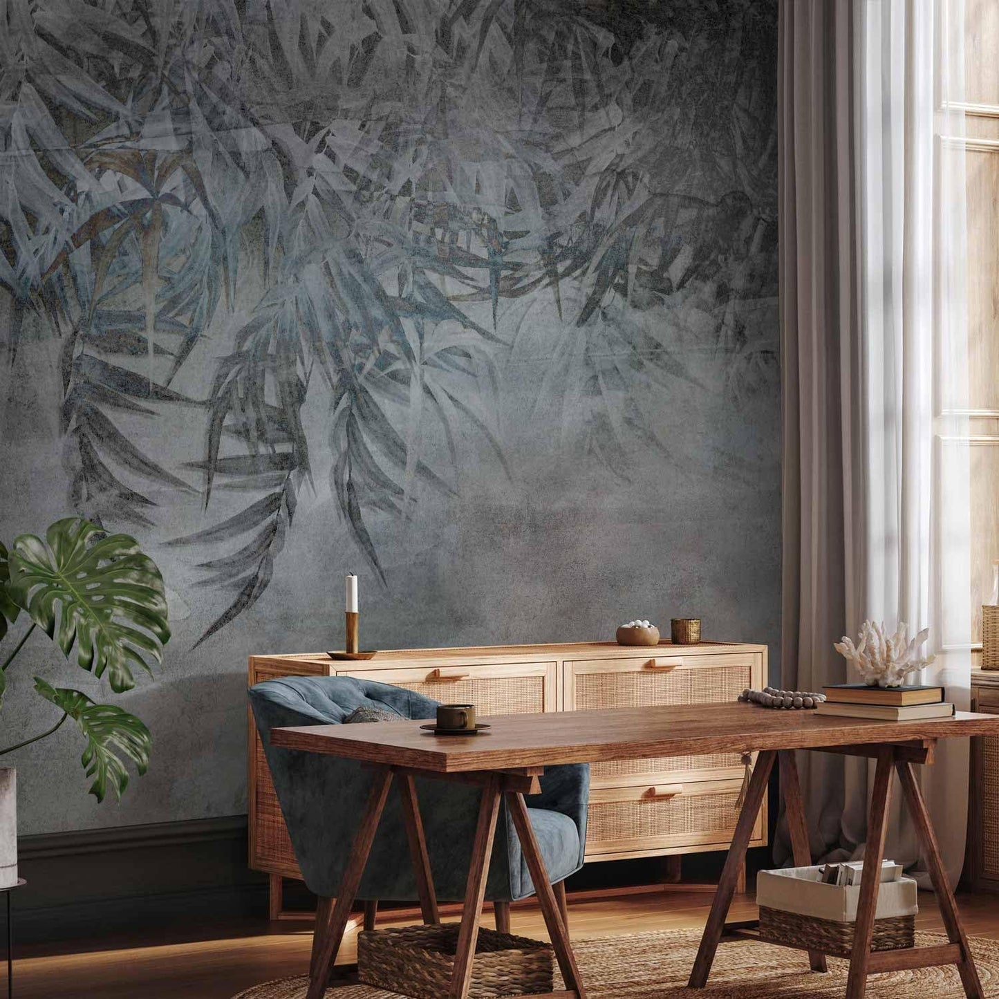 artgeist Premium Wall Mural Leaves 79x55 in - XXL Non-Woven Wallpaper Fleece Wall Decor Photo Print Picture Image Design Palm Leaves Concrete Nature Grey b-C-10103-a-a