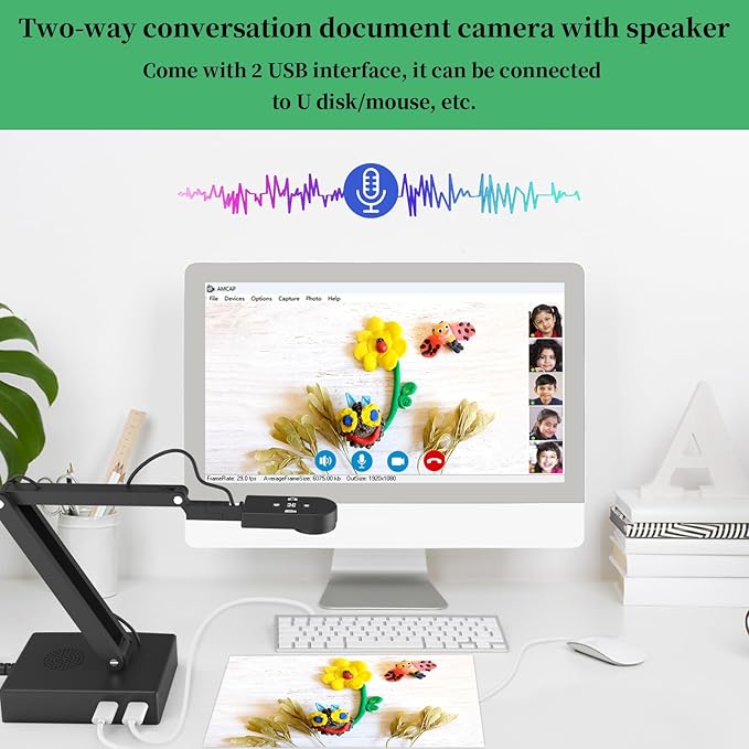 Document Camera for Classroom, USB Camera for Teacher, 12MP & 9X Zoom-in, Move lmage, Mic and Speaker, Mirroring, LED Light, 2 Port HUB, for Remote Learning, Painting, Live Demo (with Remote)