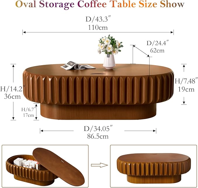 43.3" Oval Drum Coffee Table with Storage Retro Rustic Center Table - Solid Wood Handcrafted Relief Veneer for Farmhouse Apartment (D Oval 43.3in)