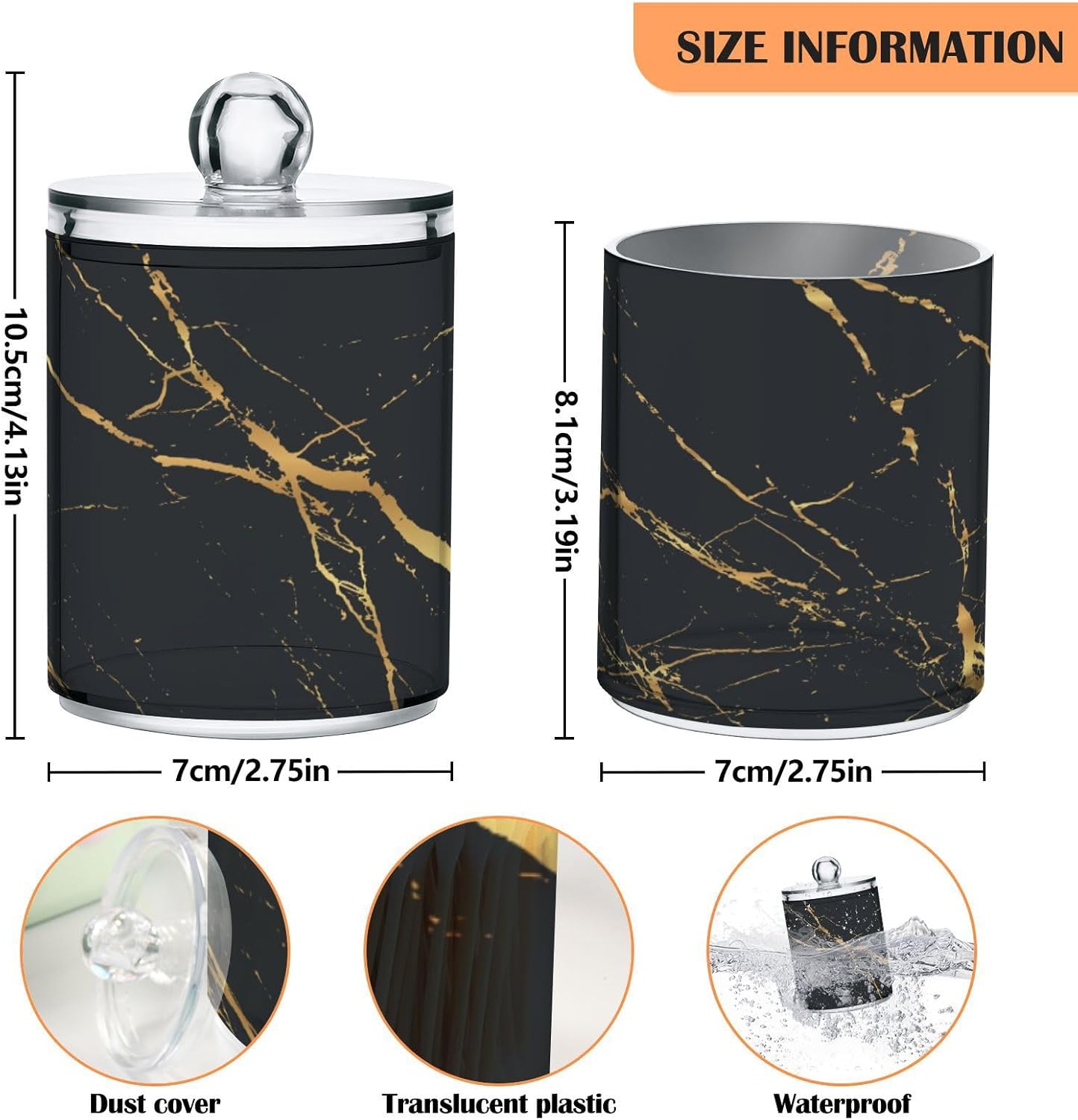 2 Pack Qtip Holder Organizer Dispenser Gold Black Marble Texture Bathroom Storage Canister Cotton Ball Holder Container for Cotton Pads/Swabs/Floss